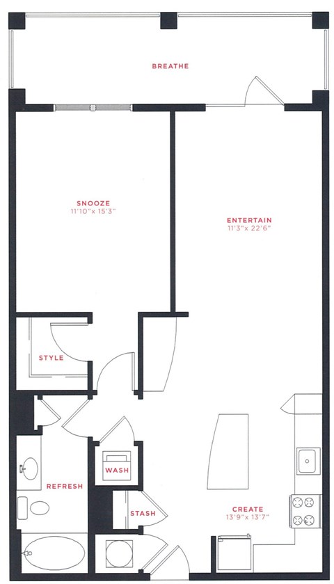 A floor plan of a house with rooms labeled BREATHE, SNOOZE, ENTERTAIN, STYLE, REFRESH, WASH, STASSH, and CREATE.